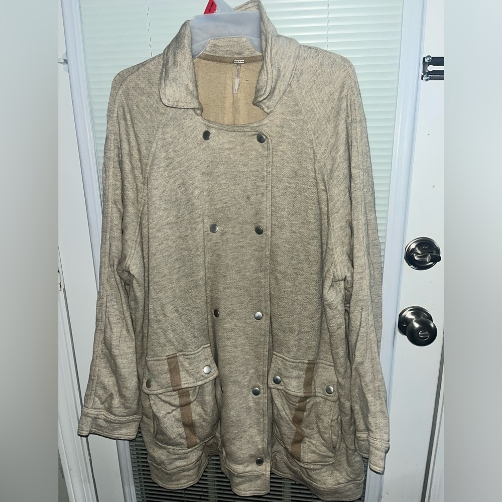 Free People Womens Large Linen Cotton Blend Beige Button Coat